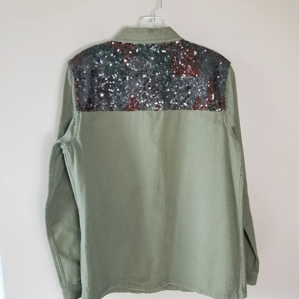 NEW! SEQUIN HEARTS Army Utility Jacket Coat Sequin Detail Medium.